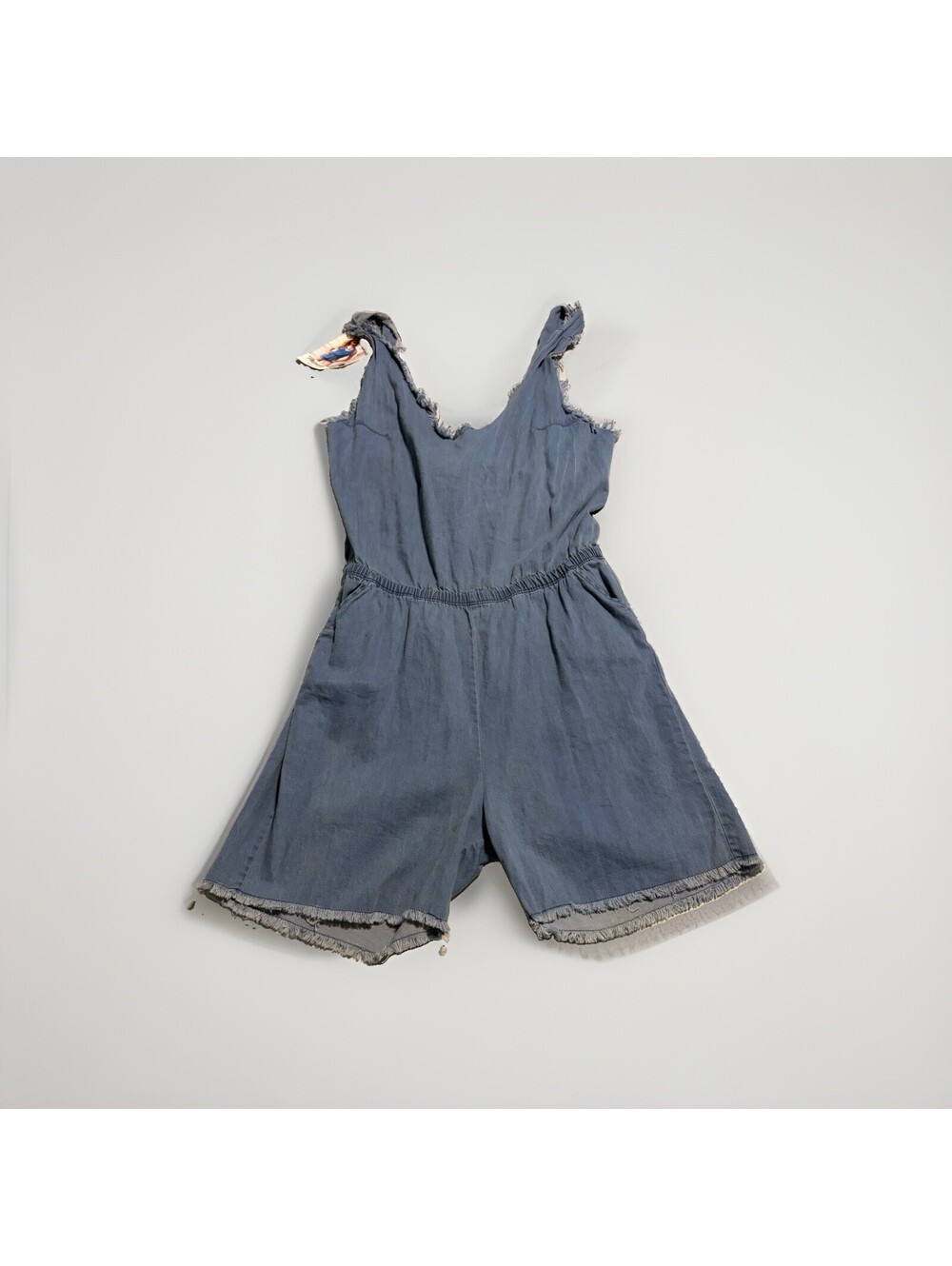 Mapale Open Back Denim Romper with Elastic Waist and Tie Closure Style5749 Sz S